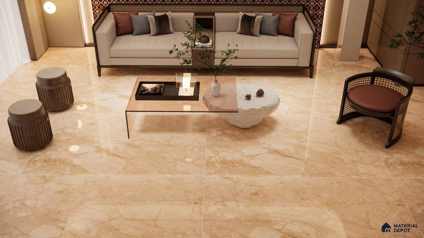 Warm Living Room with Beige Marble Look Tiles and Cane Accents | Material Depot