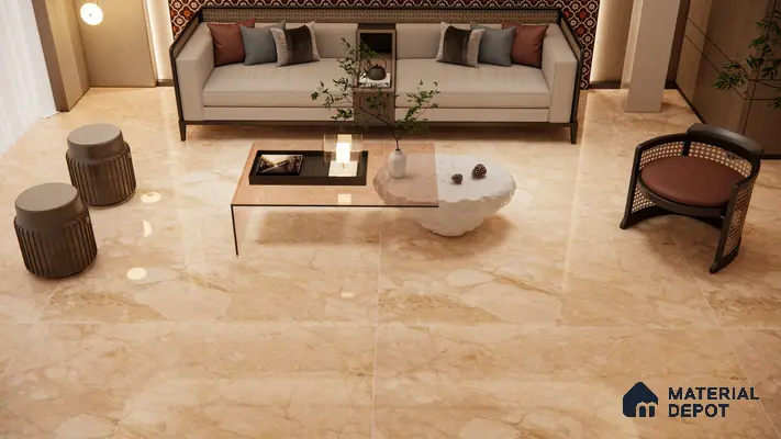Warm Living Room with Beige Marble Look Tiles and Cane Accents | Material Depot