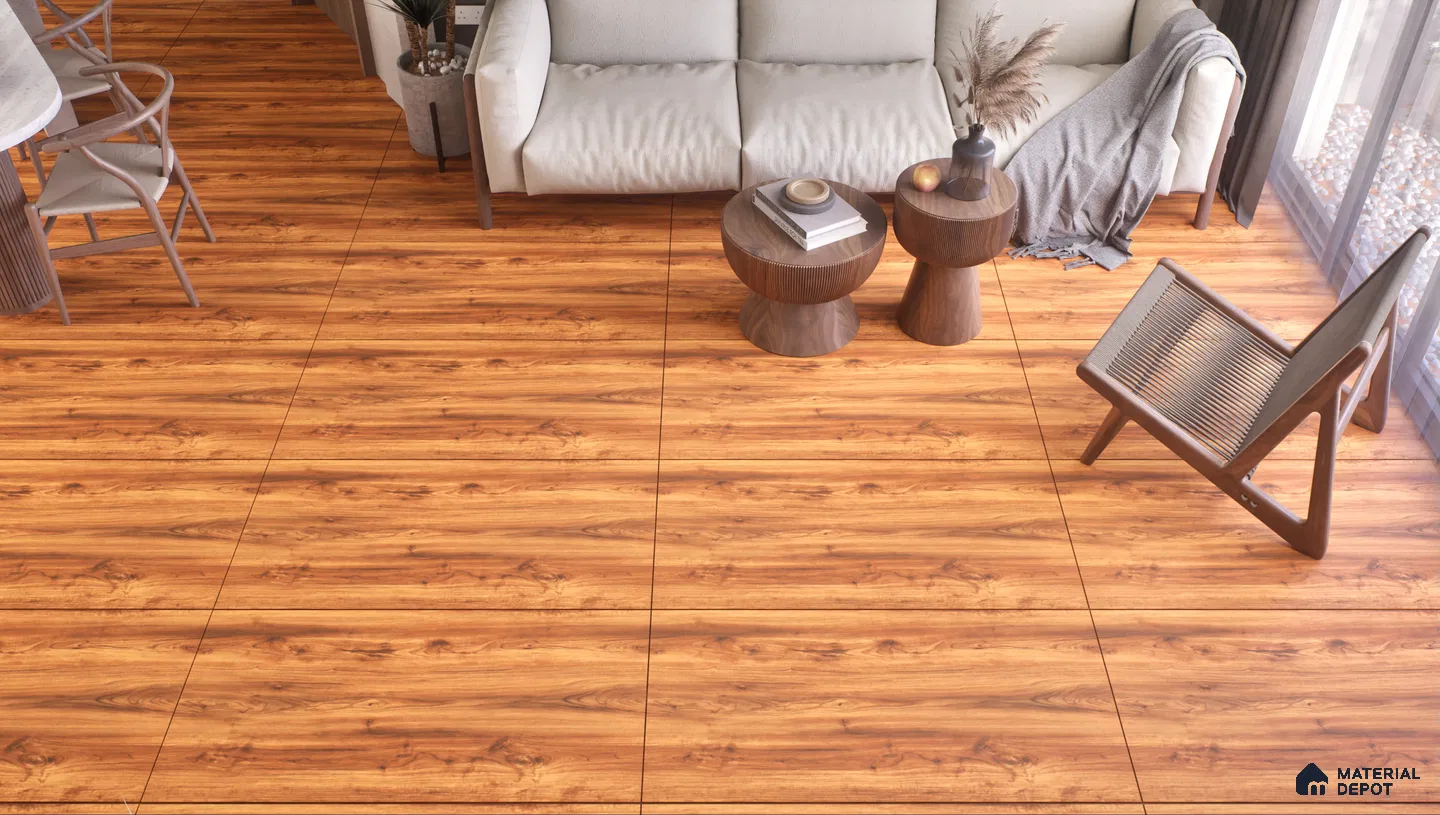 Warm Living Room with Golden Wood Flooring | Material Depot