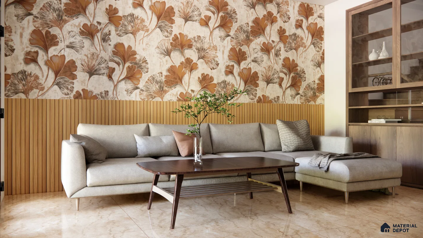 Warm Living Room with Leafy Floral Wall and Wooden Fluted Paneling | Material Depot
