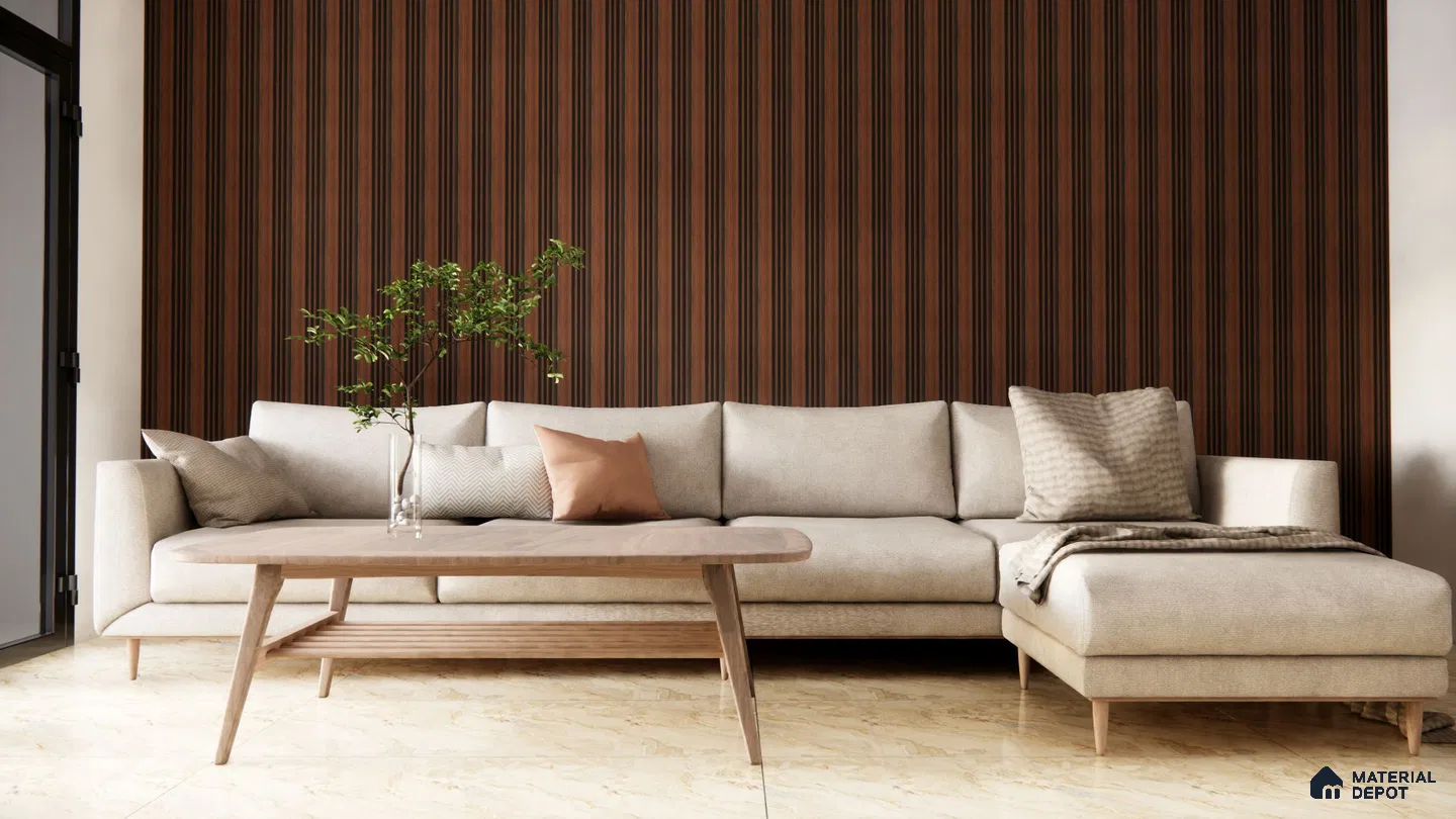 Warm Living Room with Rich Walnut Fluted Panels and Cream Sofa | Material Depot