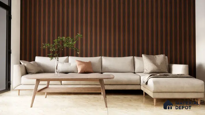 Warm Living Room with Rich Walnut Fluted Panels and Cream Sofa | Material Depot