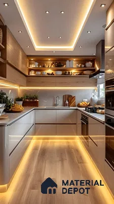 Warm Luxe Glow: Ambient Lighting In A Modern Wood-Tone Kitchen | Material Depot