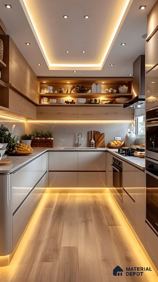Warm Luxe Glow: Ambient Lighting In A Modern Wood-Tone Kitchen | Material Depot