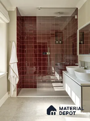 Warm Luxury in a Contemporary Setting: Rich Red Tiles in a Sunlit Bathroom Design | Material Depot