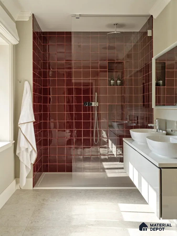 Warm Luxury in a Contemporary Setting: Rich Red Tiles in a Sunlit Bathroom Design | Material Depot