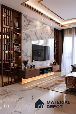 Warm Marble Elegance With Wooden Screens And Backlit Accents | Material Depot
