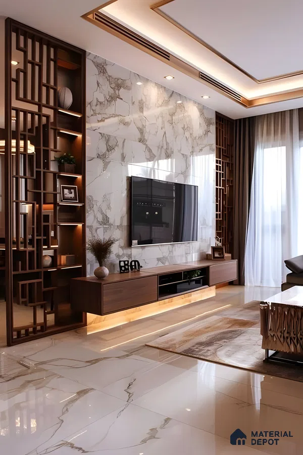 Warm Marble Elegance With Wooden Screens And Backlit Accents | Material Depot
