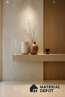 Warm Minimal Console with Beige Marble Wall Wooden Accents and Ceramic Decor in 3 BHK Sattva Aspire, Hennur | Material Depot