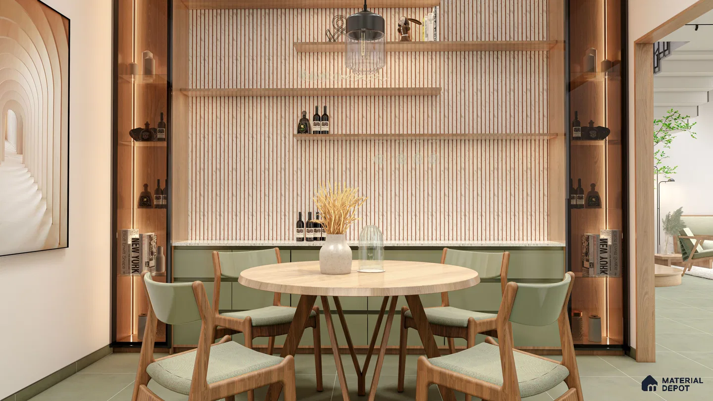 Warm Minimal Dining Area with White Marble-Look Fluted Panels and Sage Green Accents | Material Depot