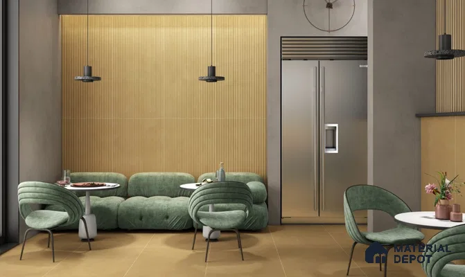 Warm Minimalist Café with Fluted Wooden Panels and Green Seating | Material Depot