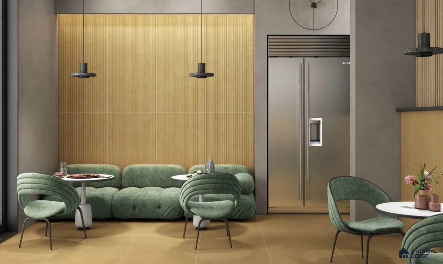 Warm Minimalist Café with Fluted Wooden Panels and Green Seating | Material Depot