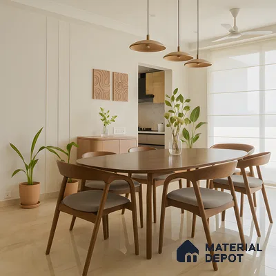 Warm Minimalist Dining Room with beige marble flooring Wooden Accents and Natural Light in 2 BHK NCC Urban Mayfair, Yelahanka | Material Depot