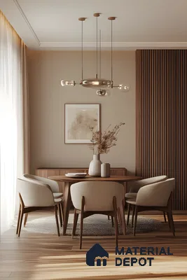 Warm Minimalist Dining Space with Wooden Accents and Fluted Panel Backdrop in 2 BHK Sobha Palm Springs, Varthur | Material Depot
