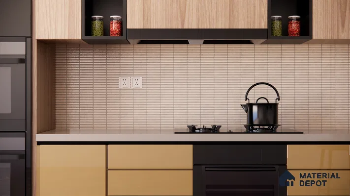 Warm Minimalist Kitchen with Neutral Mosaic Backsplash | Material Depot