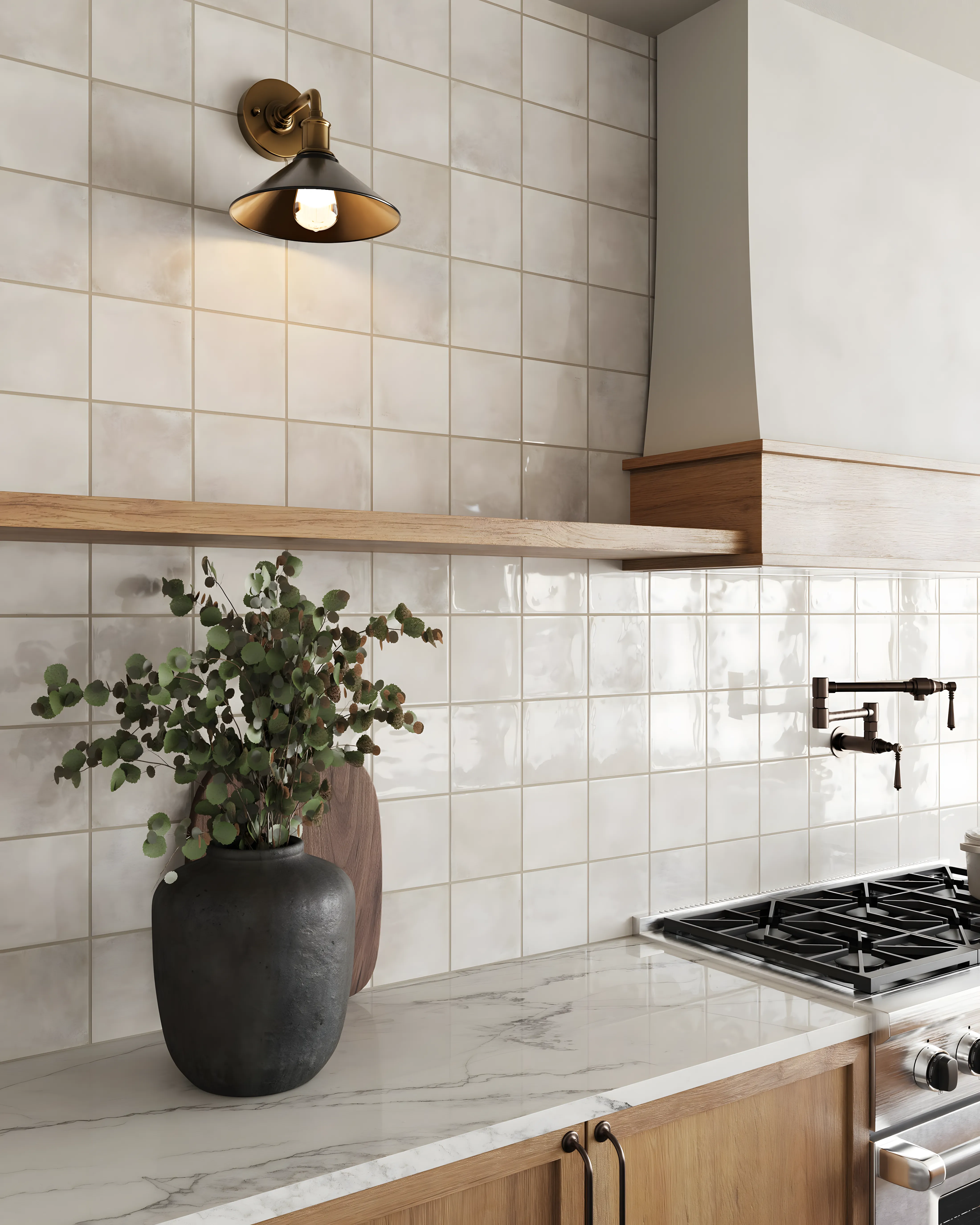 Warm Minimalist Kitchen Design with Salmon-Colored Walls and Open Shelving Vaishnavi Serene Yelahanka | Material Depot