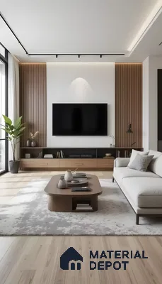  Warm Minimalist Living Room With Fluted Panels And Floating Wooden Tv Console  | Material Depot