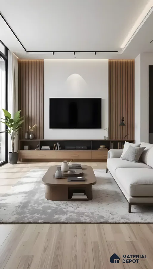  Warm Minimalist Living Room With Fluted Panels And Floating Wooden Tv Console  | Material Depot