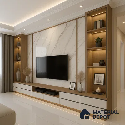 Warm Minimalist TV Wall with Marble Elegance in 2 BHK NCC Urban Mayfair, Yelahanka | Material Depot