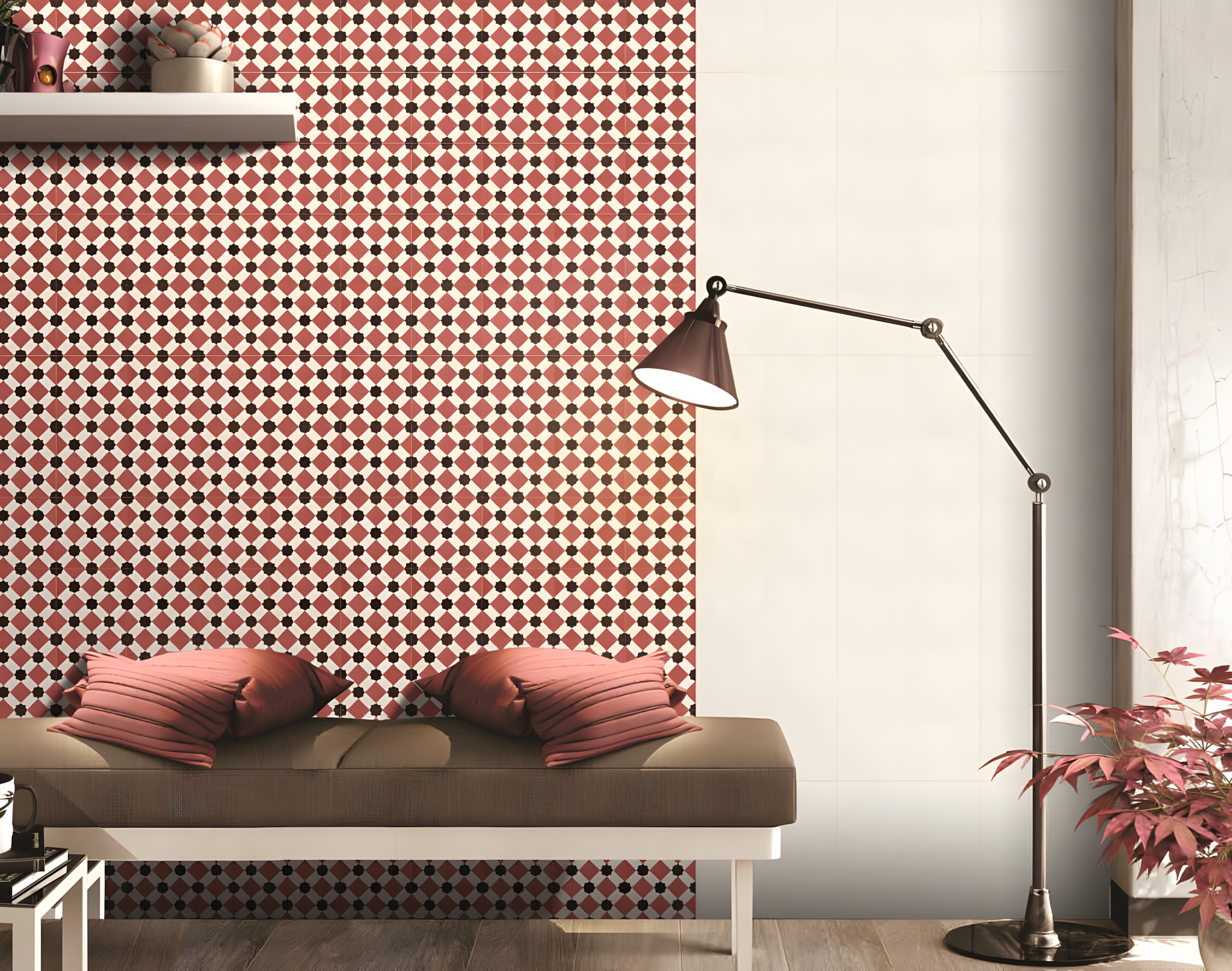 Warm Red Diamond Patterned Tiles for Stylish Living Corners | Material Depot