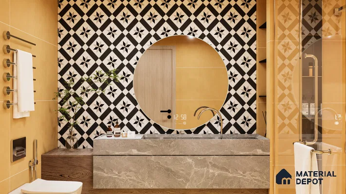 Warm Rustic Bathroom with Classic Black & White Patterned Accent Wall | Material Depot