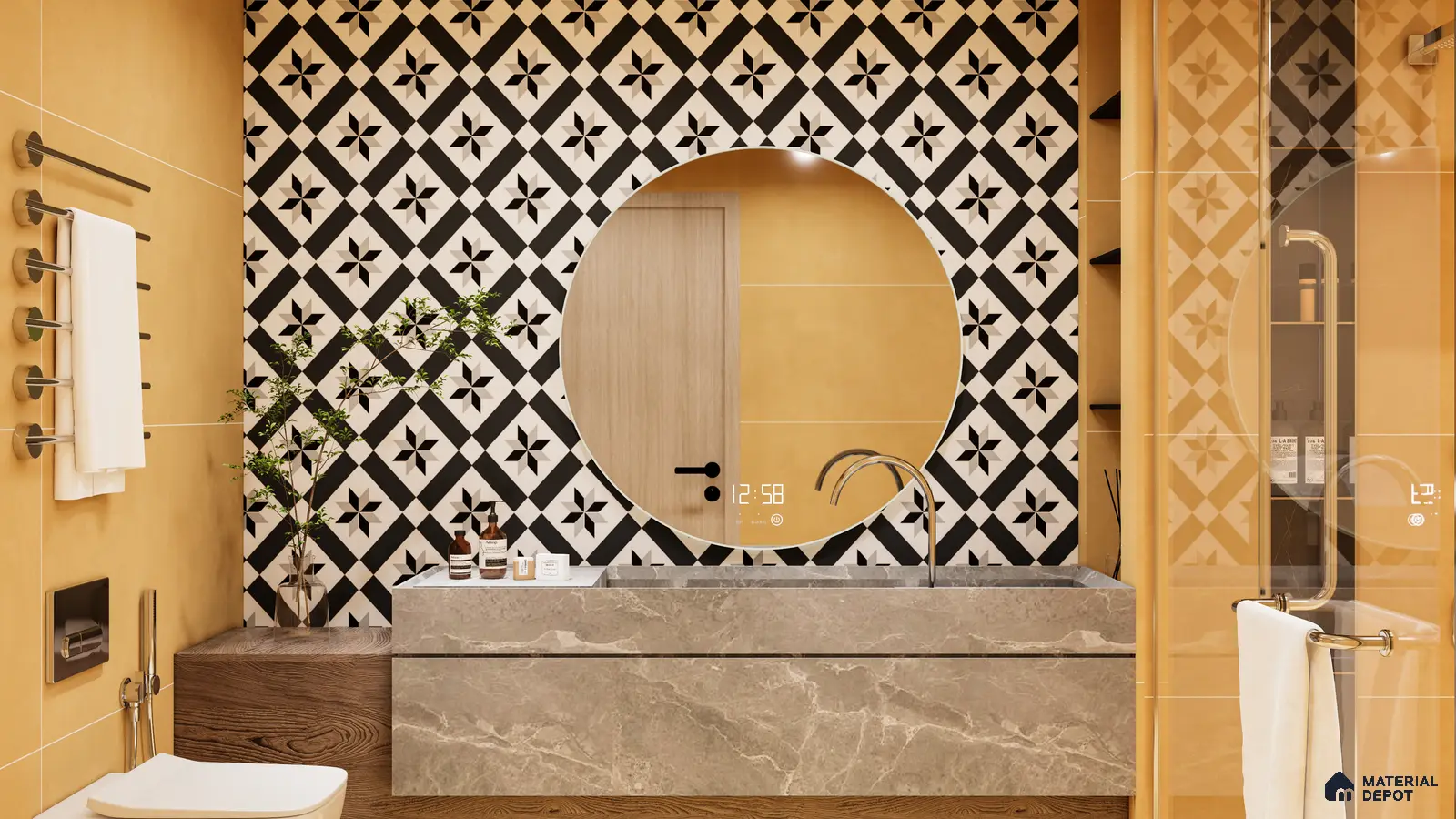 Warm Rustic Bathroom with Classic Black & White Patterned Accent Wall | Material Depot