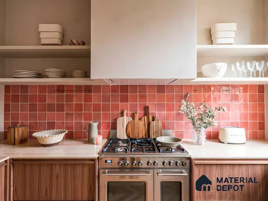 Warm Rustic Kitchen with Red Tile Backsplash | Material Depot