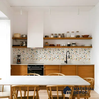 Warm Scandinavian Kitchen With Terrazzo Backsplash | Material Depot