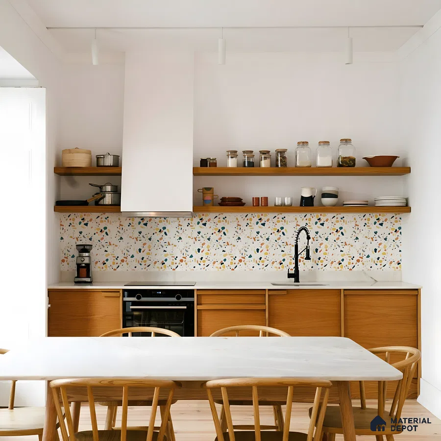 Warm Scandinavian Kitchen With Terrazzo Backsplash | Material Depot