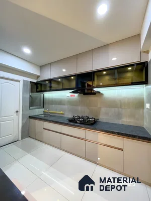 Warm Taupe Elegance: Sleek Parallel Kitchen With Dark Granite Accents | Material Depot