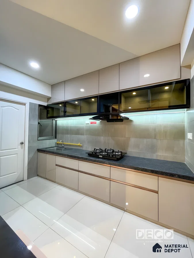 Warm Taupe Elegance: Sleek Parallel Kitchen With Dark Granite Accents | Material Depot