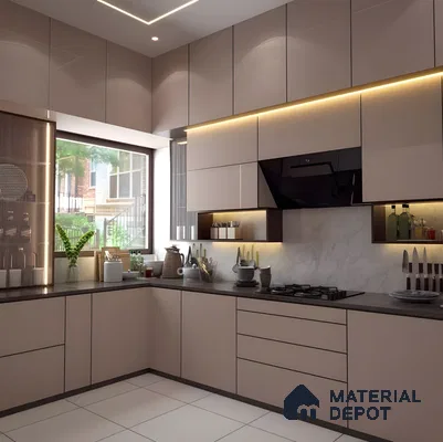 Warm Taupe Modular Kitchen With Black Chimney And Marble Backsplash | Material Depot
