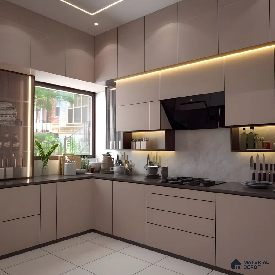 Warm Taupe Modular Kitchen With Black Chimney And Marble Backsplash | Material Depot