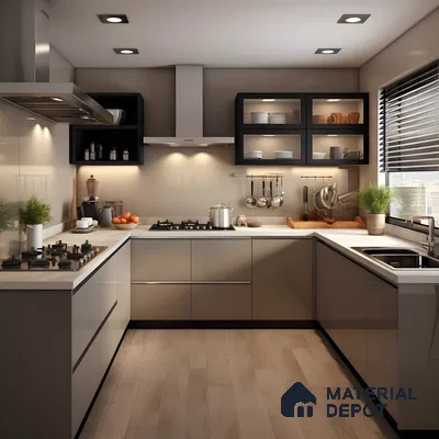 Warm Taupe U-Shaped Kitchen With Glass Cabinets And Wooden Flooring | Material Depot
