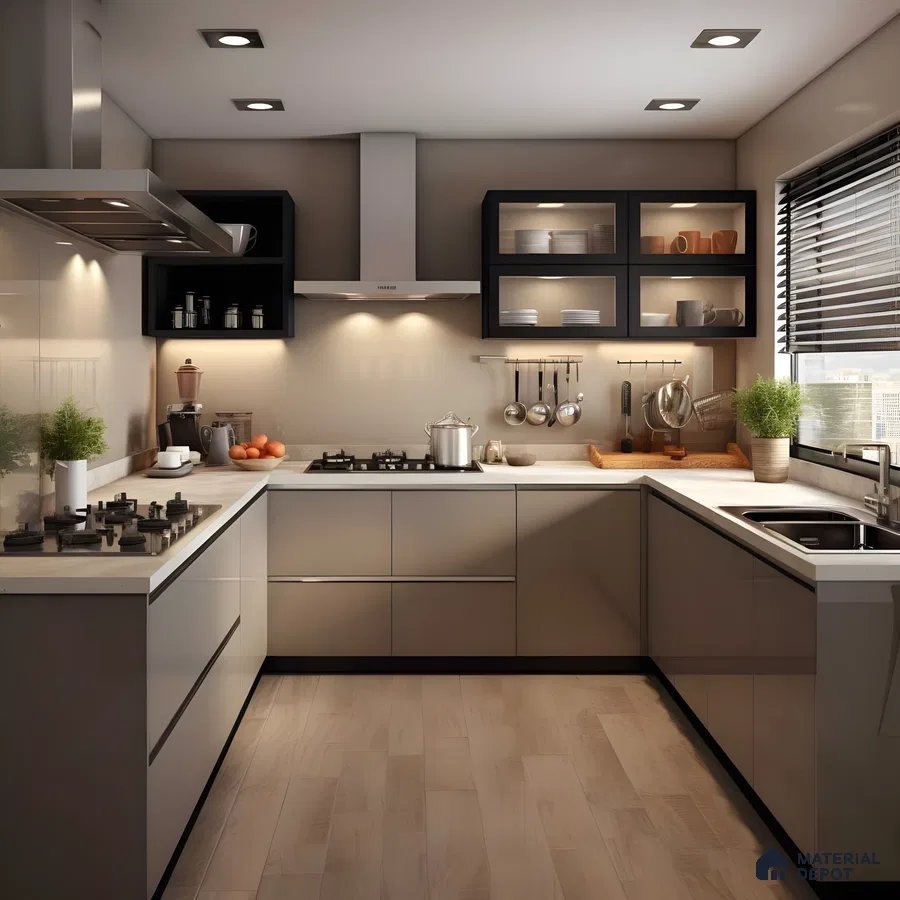 Warm Taupe U-Shaped Kitchen With Glass Cabinets And Wooden Flooring | Material Depot