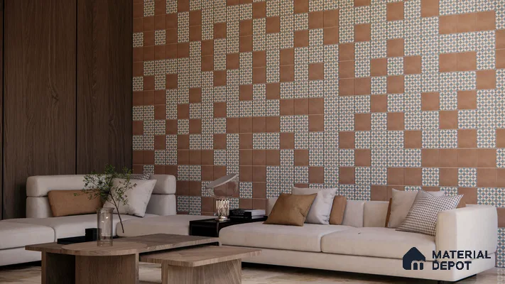 Warm Terracotta and Blue Patterned Tile Wall in Contemporary Living Room | Material Depot