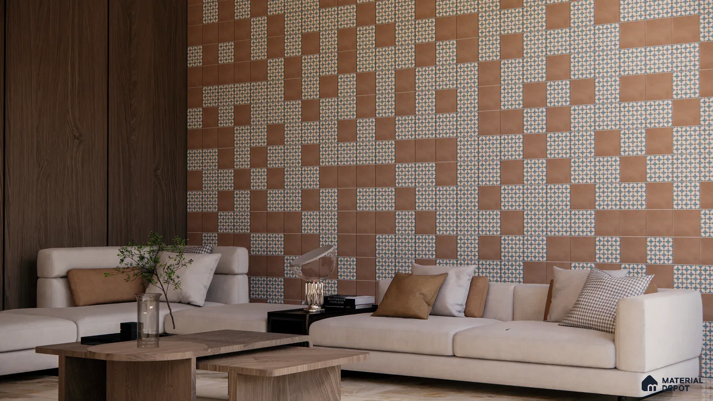 Warm Terracotta and Blue Patterned Tile Wall in Contemporary Living Room | Material Depot