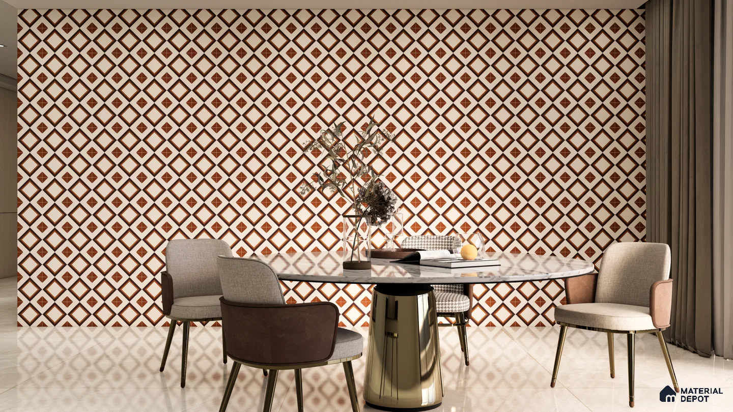 Warm Terracotta Diamond Pattern Wall in Contemporary Dining | Material Depot