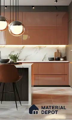 Warm Terracotta Glossy Solid Laminate Kitchen with Marble Backsplash Design | Material Depot