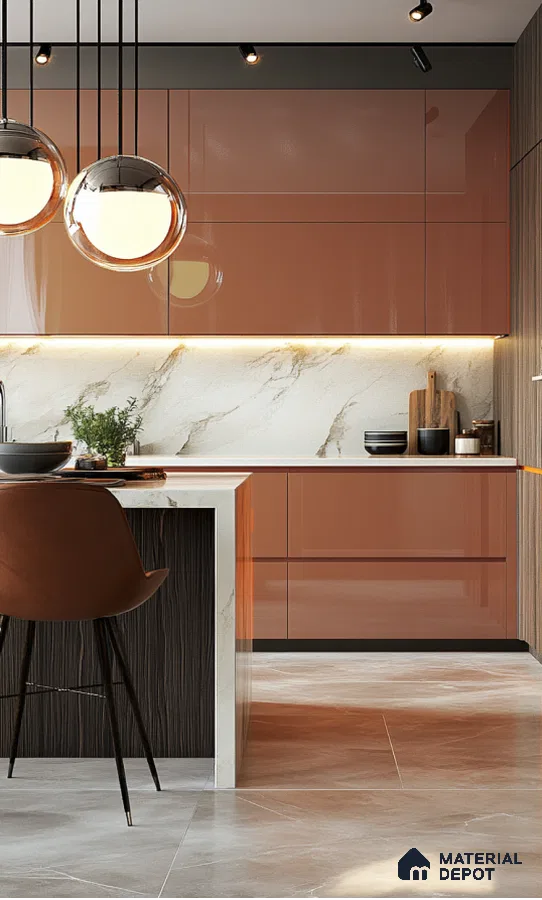 Warm Terracotta Glossy Solid Laminate Kitchen with Marble Backsplash Design | Material Depot