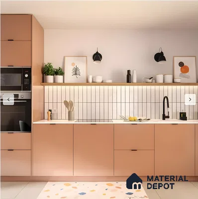 Warm Terracotta Glow: A Minimalist Kitchen With Vertical Tiles And Soft Lighting | Material Depot
