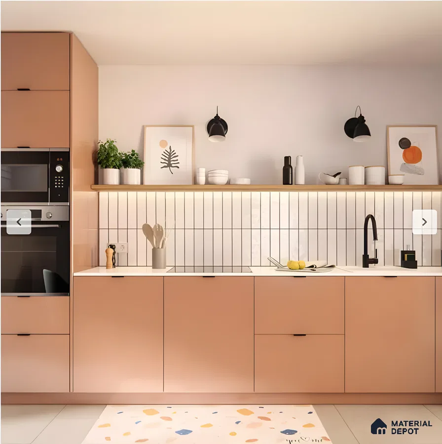 Warm Terracotta Glow: A Minimalist Kitchen With Vertical Tiles And Soft Lighting | Material Depot