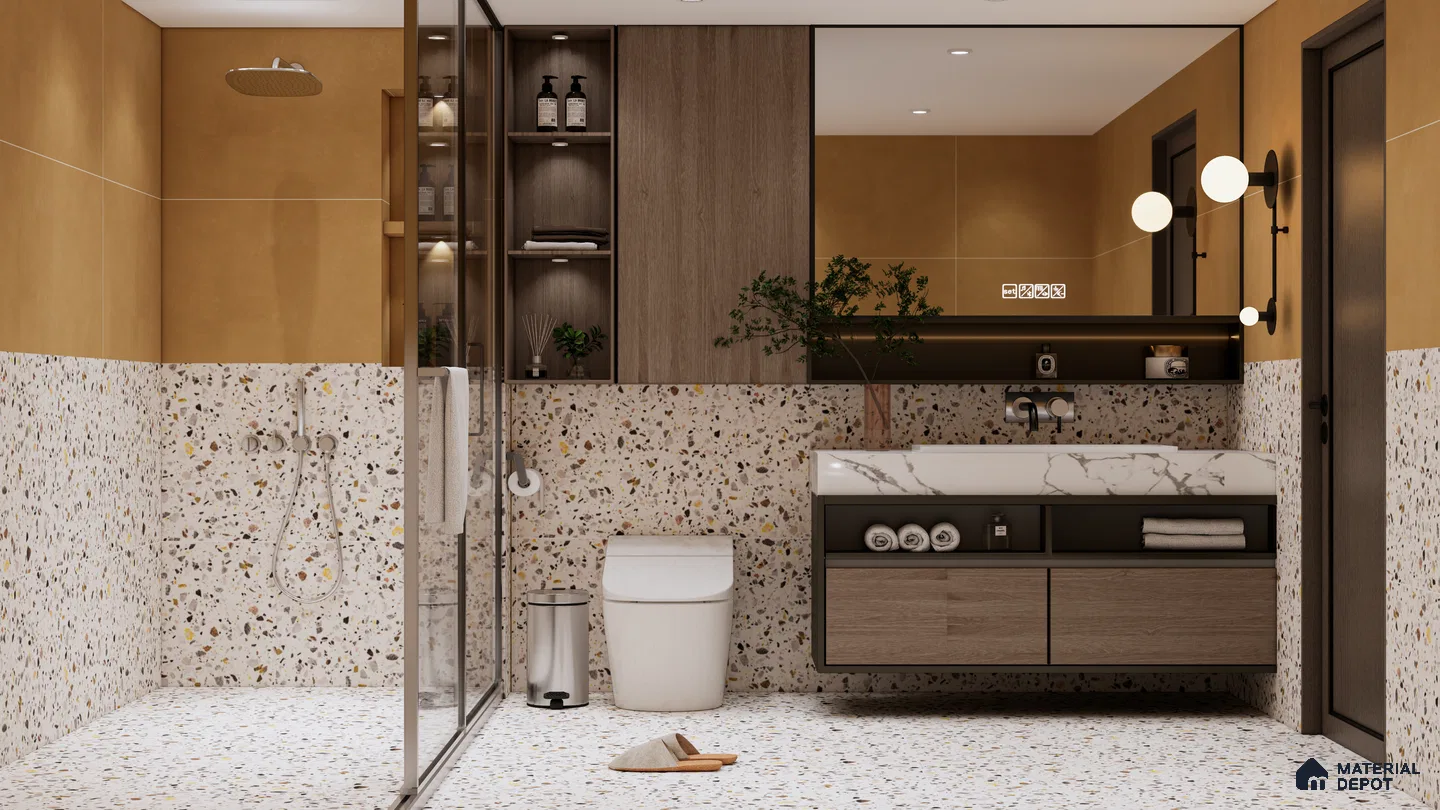 Warm Terrazzo Bathroom with Earthy Tones and Wooden Accents | Material Depot