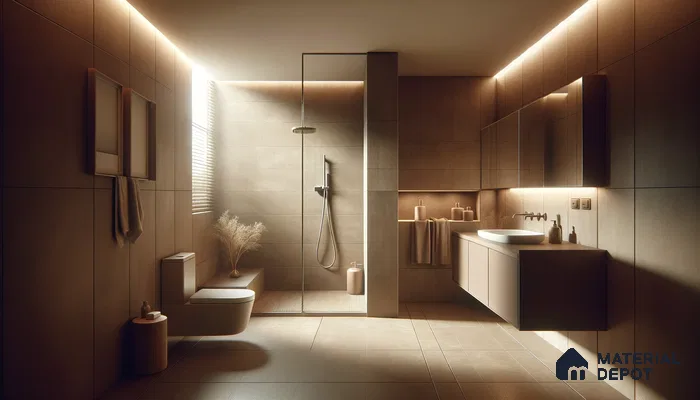 Warm Toned Minimalist Bathroom with Ambient Lighting and Matte Laminates | Material Depot