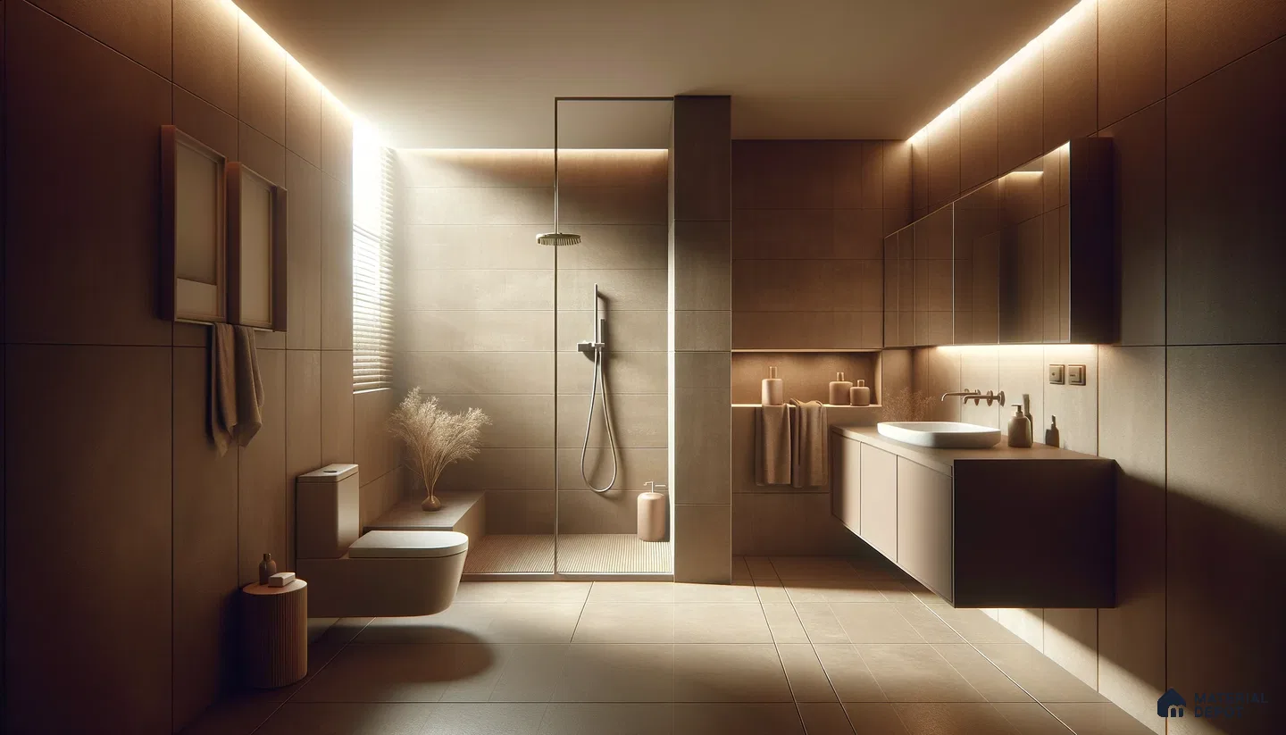 Warm Toned Minimalist Bathroom with Ambient Lighting and Matte Laminates | Material Depot