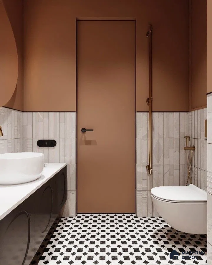 Warm Tones and Geometric Elegance in a Stylish Bathroom | Material Depot