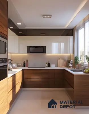 Warm Walnut And Cream Gloss Modular Kitchen With Underlit Marble Backsplash | Material Depot