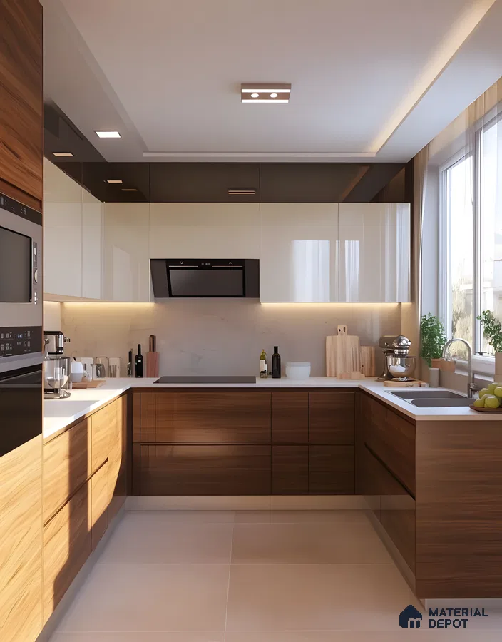 Warm Walnut And Cream Gloss Modular Kitchen With Underlit Marble Backsplash | Material Depot