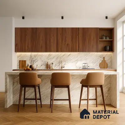 Blush Matte Laminate Kitchen with Oak Grain Cabinets and Open Pantry | Material Depot