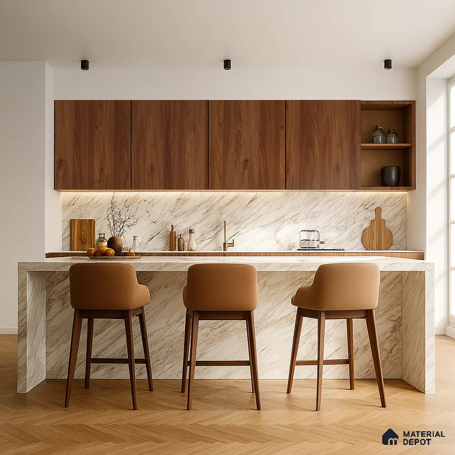 Blush Matte Laminate Kitchen with Oak Grain Cabinets and Open Pantry | Material Depot